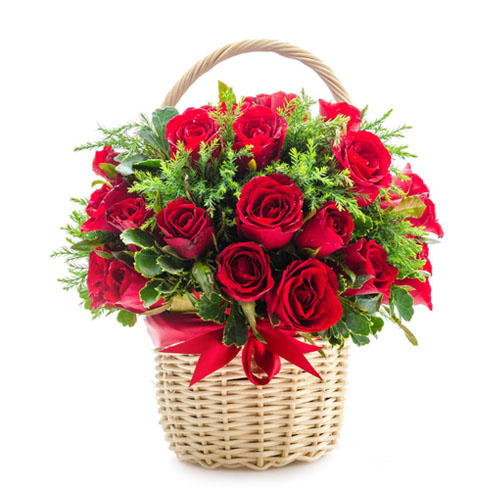 Roses :: Roses in a Basket :: 24 Red Roses in a Hand Basket